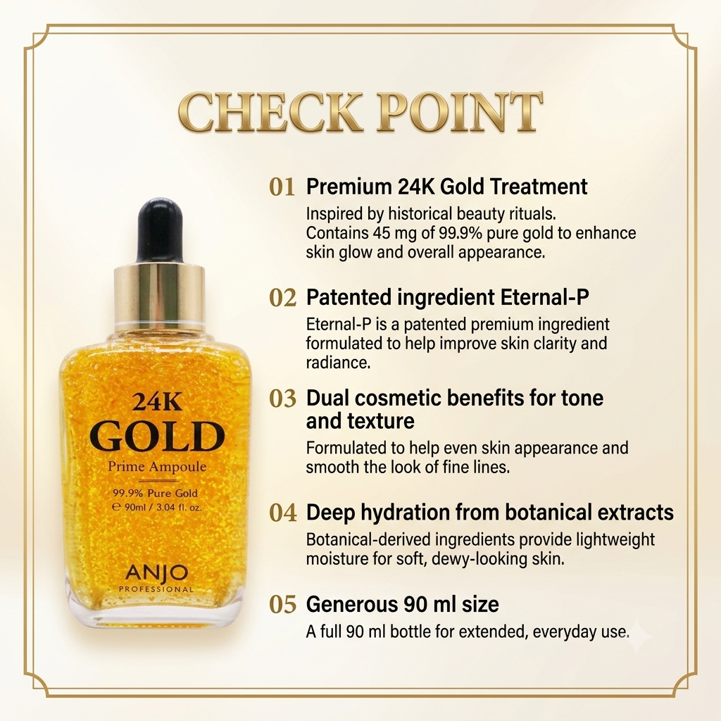 ANJO 24K Gold Prime Ampoule, Hydrating Facial Serum, 90ml – Luxury Gold Infused Hydrating Serum for Skin Care and Nourishment