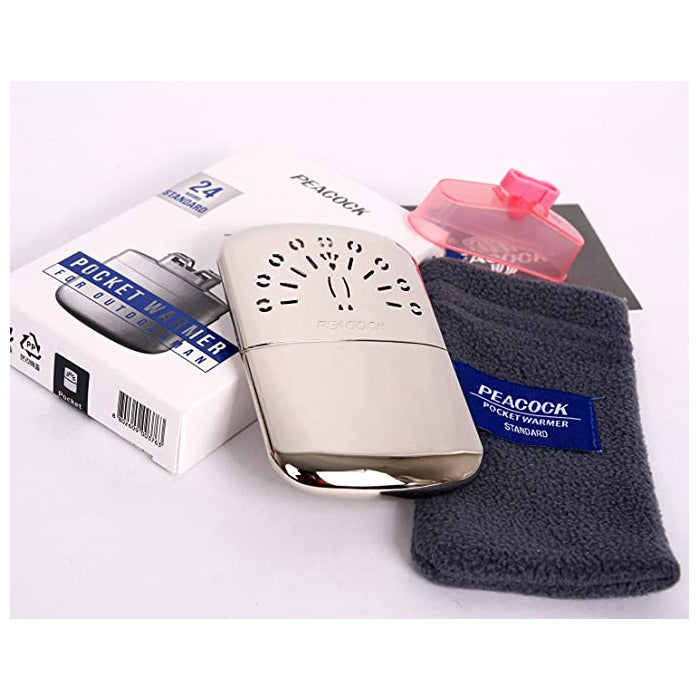 Peacock Standard Reusable Oil Hand Warmer, 24-Hour Pocket Heater with Replaceable Catalyst & Pouch