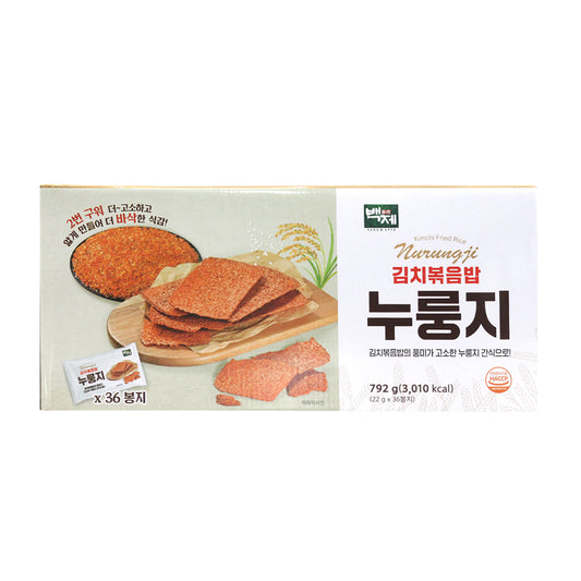 Baekje Kimchi Fried Rice with Crispy, Crust of overcooked rice, The scorched part of boiled rice Double-Roasted for Extra Crunch, 27.94 oz (Pack of 36)