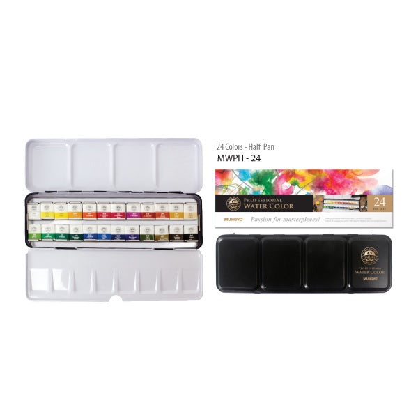 Mungyo Professional Half Pan Size Water Colors Set in Tin Case/Integral Mixing Palette in The lid 24 Colors