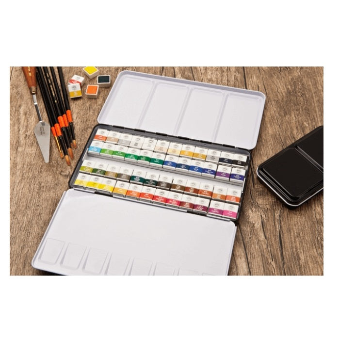 Mungyo Professional Half Pan Size Water Colors Set in Tin Case/Integral Mixing Palette in The lid 48 Colors