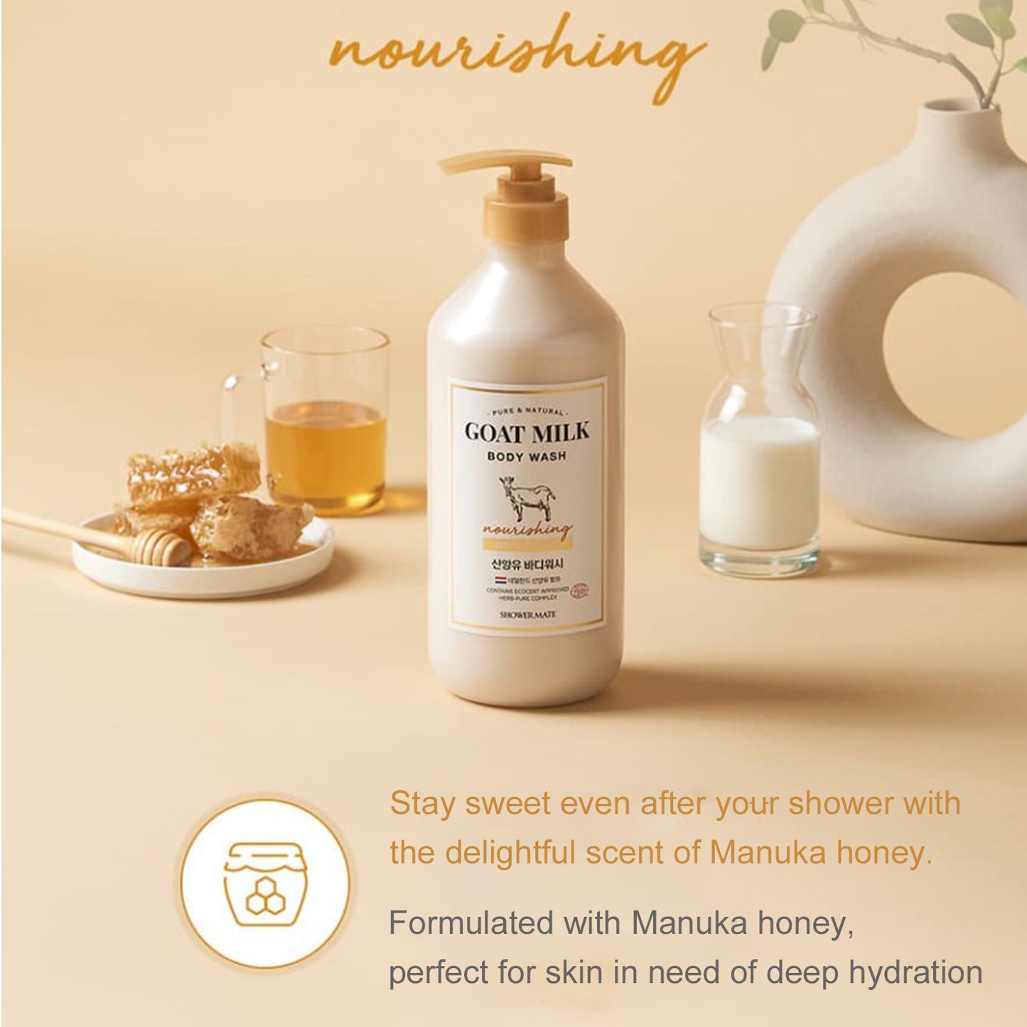 Showermate Goat Milk Body Wash Manuka Honey, Daily Moisturizing Body Wash for Dry Skin, pH Balanced, 27 Fl Oz, 2 Pack