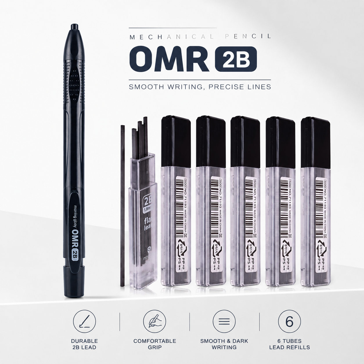 Morning Glory OMR 2B Flat Lead Mechanical Pencil Set, 1.8mm Graphite Holder Pencil with 6 Lead Refill Tubes, Navy, for Writing, OMR Marking, Drawing and Sketching