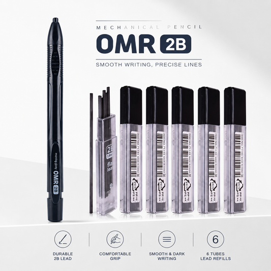 Morning Glory OMR 2B Flat Lead Mechanical Pencil Set, 1.8mm Graphite Holder Pencil with 6 Lead Refill Tubes, Navy, for Writing, OMR Marking, Drawing and Sketching