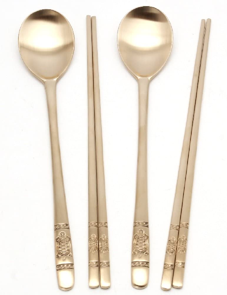 Premium Korean Traditional Brass Spoon & Chopsticks Gift Set, Light Gold Tableware Golden Bell