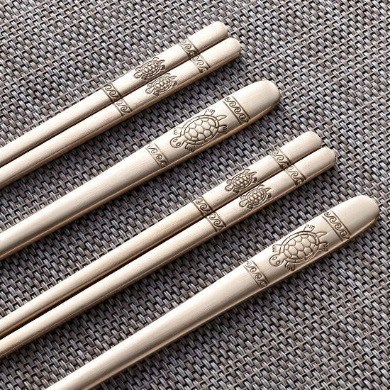 Premium Korean Traditional Brass Spoon & Chopsticks Gift Set, Light Gold Tableware Golden Bell