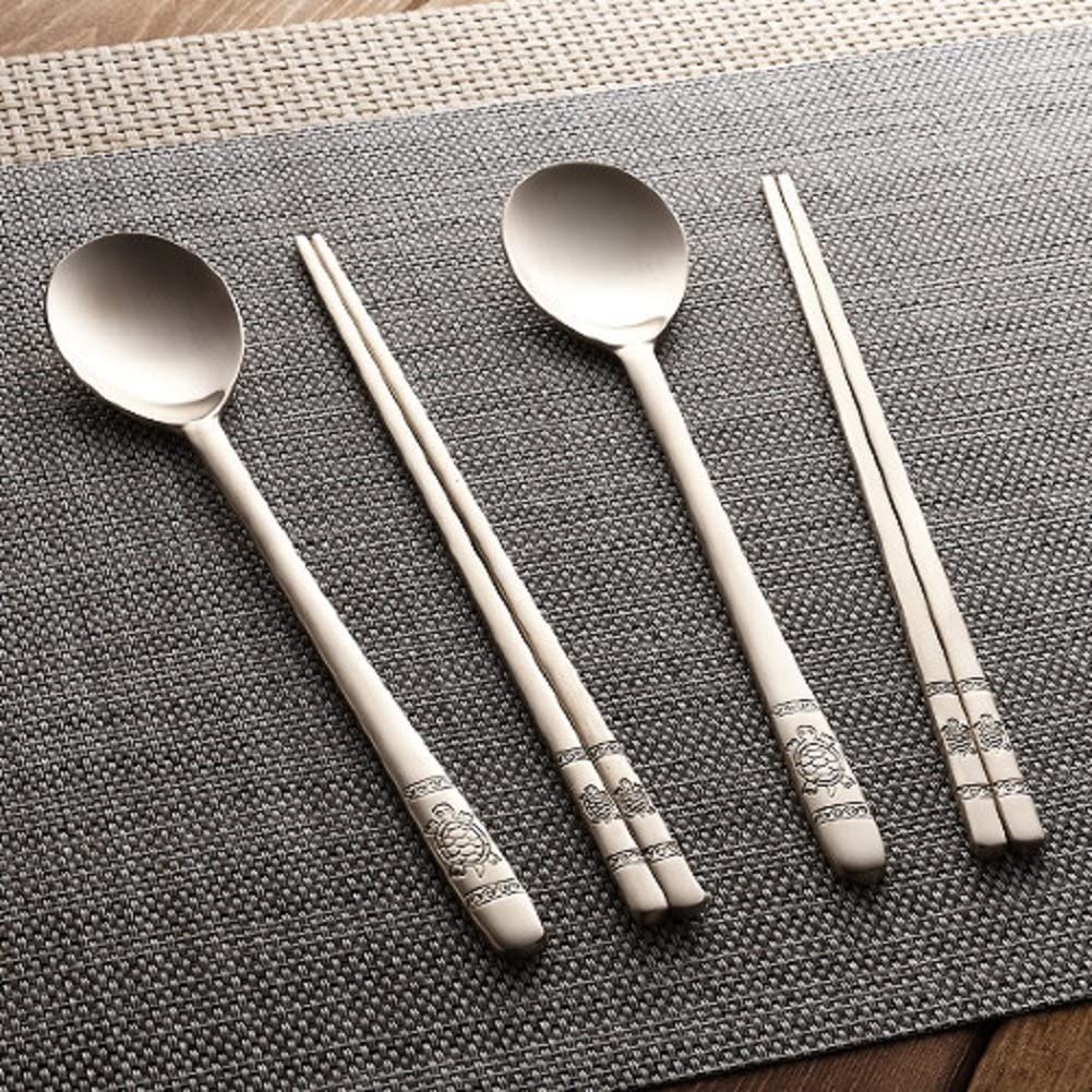 Premium Korean Traditional Brass Spoon & Chopsticks Gift Set, Light Gold Tableware Golden Bell