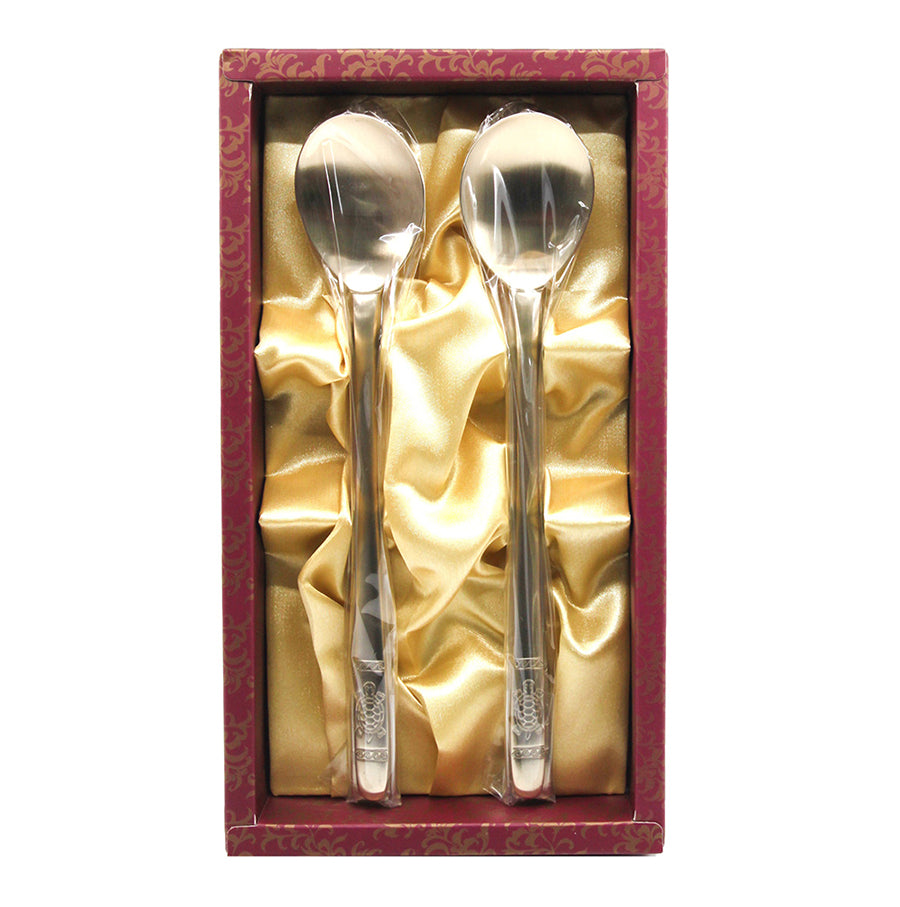 Premium Korean Traditional Brass Spoon & Chopsticks Gift Set, Light Gold Tableware Golden Bell