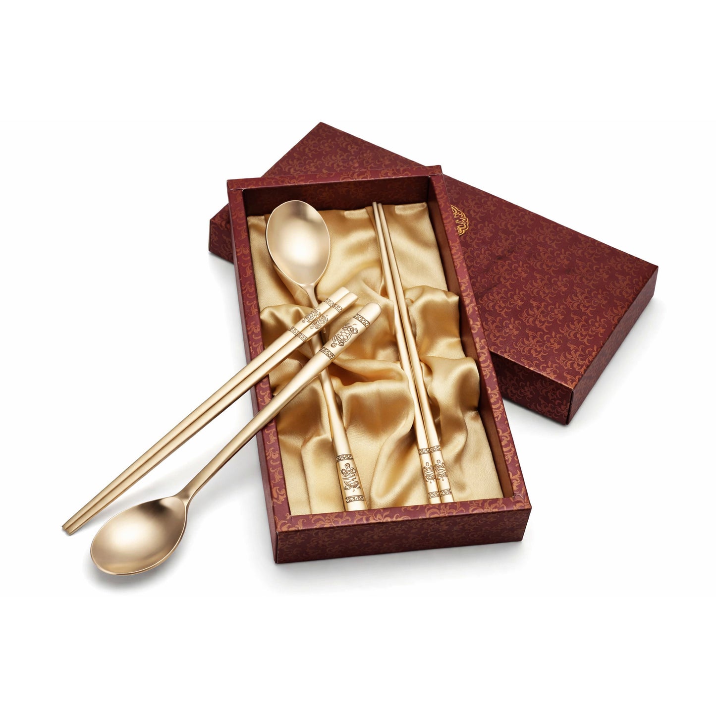 Premium Korean Traditional Brass Spoon & Chopsticks Gift Set, Light Gold Tableware Golden Bell
