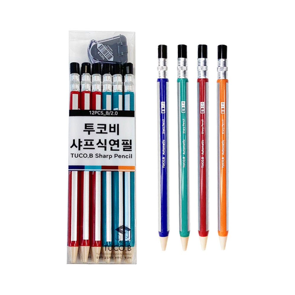 Tuco.B Pencil 2.0 B + Sharpener set (12 pcs), Lead No Needed, Mechanical Pencil Type