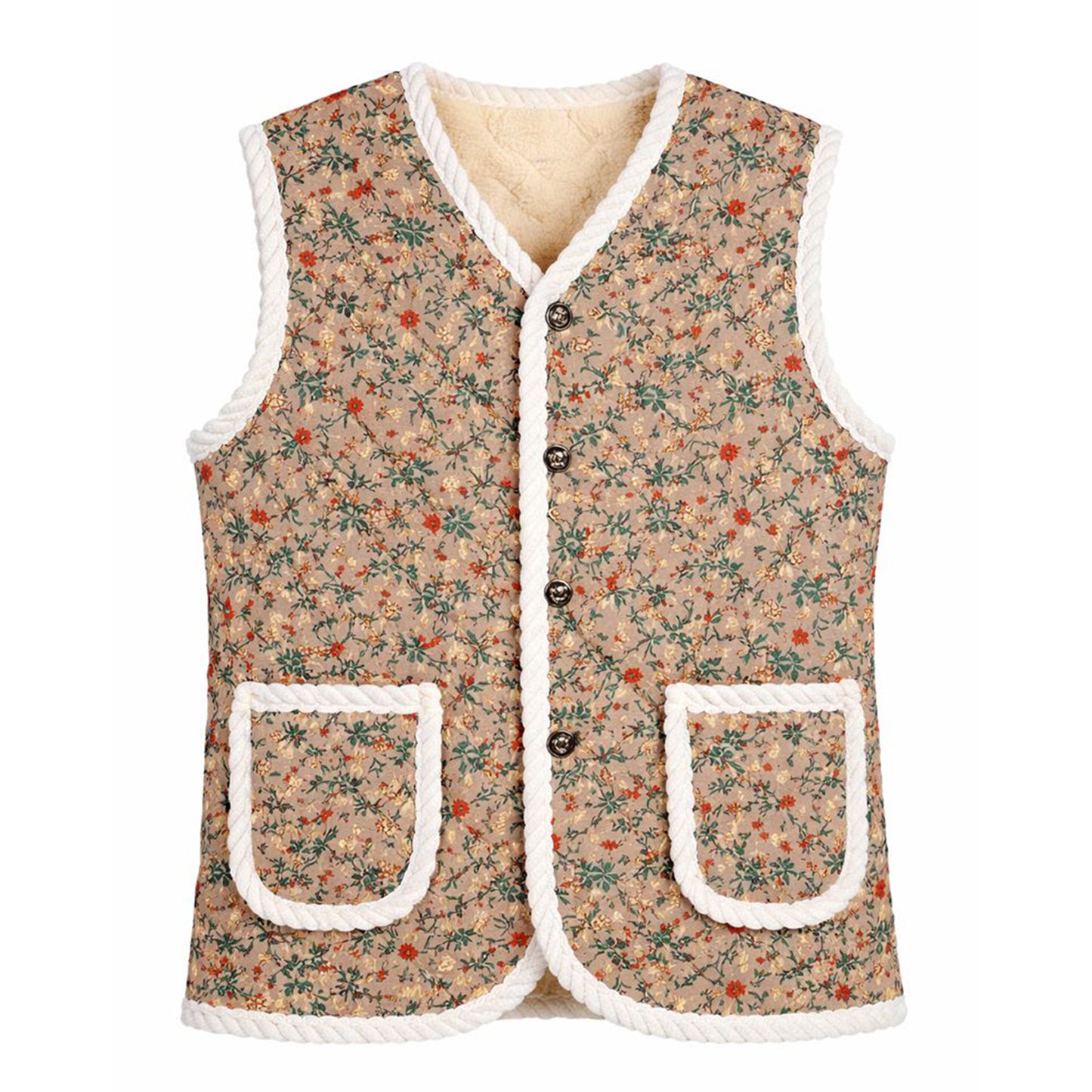 Korean Kimjang Vest, Retro Floral Quilted Design with Warm Fleece Lining, Sleeveless Winter Vest for Kimchi Making and Daily Wear