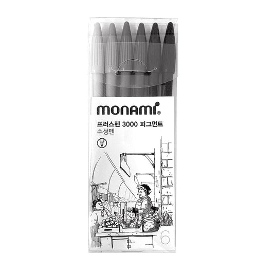 MONAMI PlusPen 3000 Precision Pigment Pen 6-Color Set, Professional Black & Gray Ink Drawing Pens, Made in Korea – Ideal for Sketching, Illustrations, and Technical Drawings