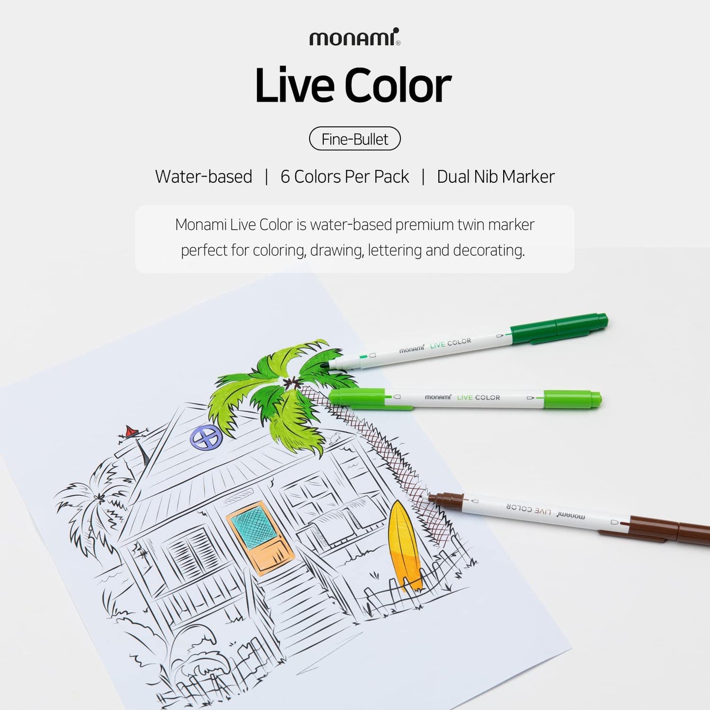 Monami Live Color Pen Set Water-Based Twin Marker 36C-Pack, Fine & Bullet Dual Tip Marker for Coloring, Drawing
