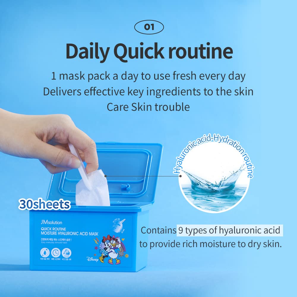 JM Solution Quick Routine Hyaluronic Acid Facial Mask Sheet 30 EA- 1day 1 Mask Pick and Quick Dispenser Type- Hyaluronic Acid-Vegan Certified Sheet for Dry Skin