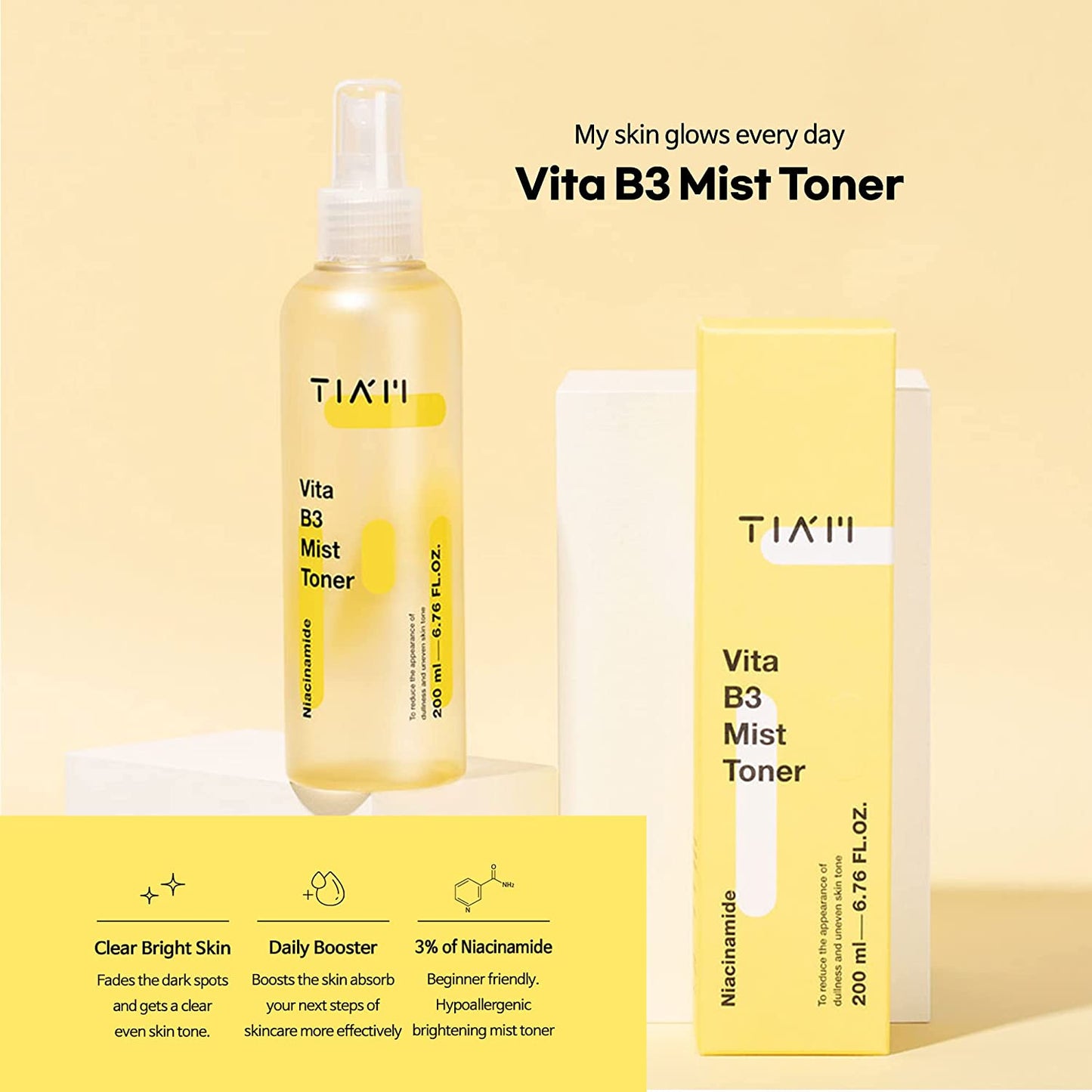 TIAM Vita B3 Mist Toner with Niacinamide, Tranexamic Acid, and Vitamin C for All Skin Types, Facial Mist That hydrates, refreshes & brightens, 6.76 fl oz. / 200ml